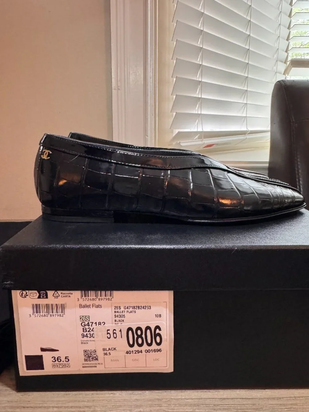 Chanel Croc Embossed Ballet Flats Black Patent Calfskin 36.5 SS26 Blazy - Picture 5 of 11